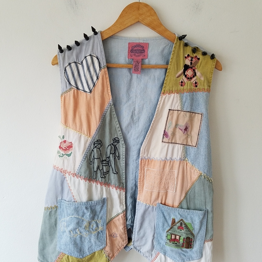 Vintage Cambridge Denim Embroidered Cat Patch Work Studded  Vest Jacket Large - Picture 3 of 14